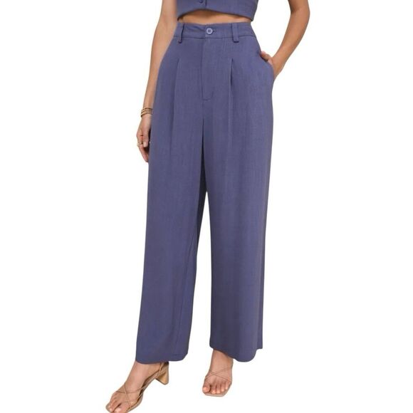 Lulus Linen Blend Wide-Leg Trouser Pants Size M Dark Blue Lagenlook Old Money - Picture 1 of 11